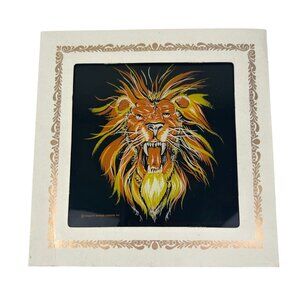 Vintage Mid-Century Lion Art Square Image Transfer on Glass 6x6 Novelty Mirror